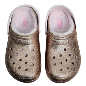 🌸 Crocs Kids Rose Gold Glitter Plush Lined Clogs, Size 3 ~ EUC